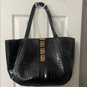 Versace Black Croc-Embossed Tote with Gold Accents